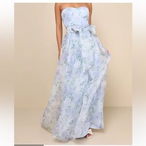 Lulu's Light Blue Floral Strapless Wedding Dress